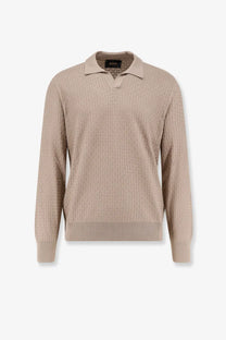 BOSS men’s beige silk polo sweater with textured knit, ribbed cuffs and hem, featuring a subtle fabric pattern