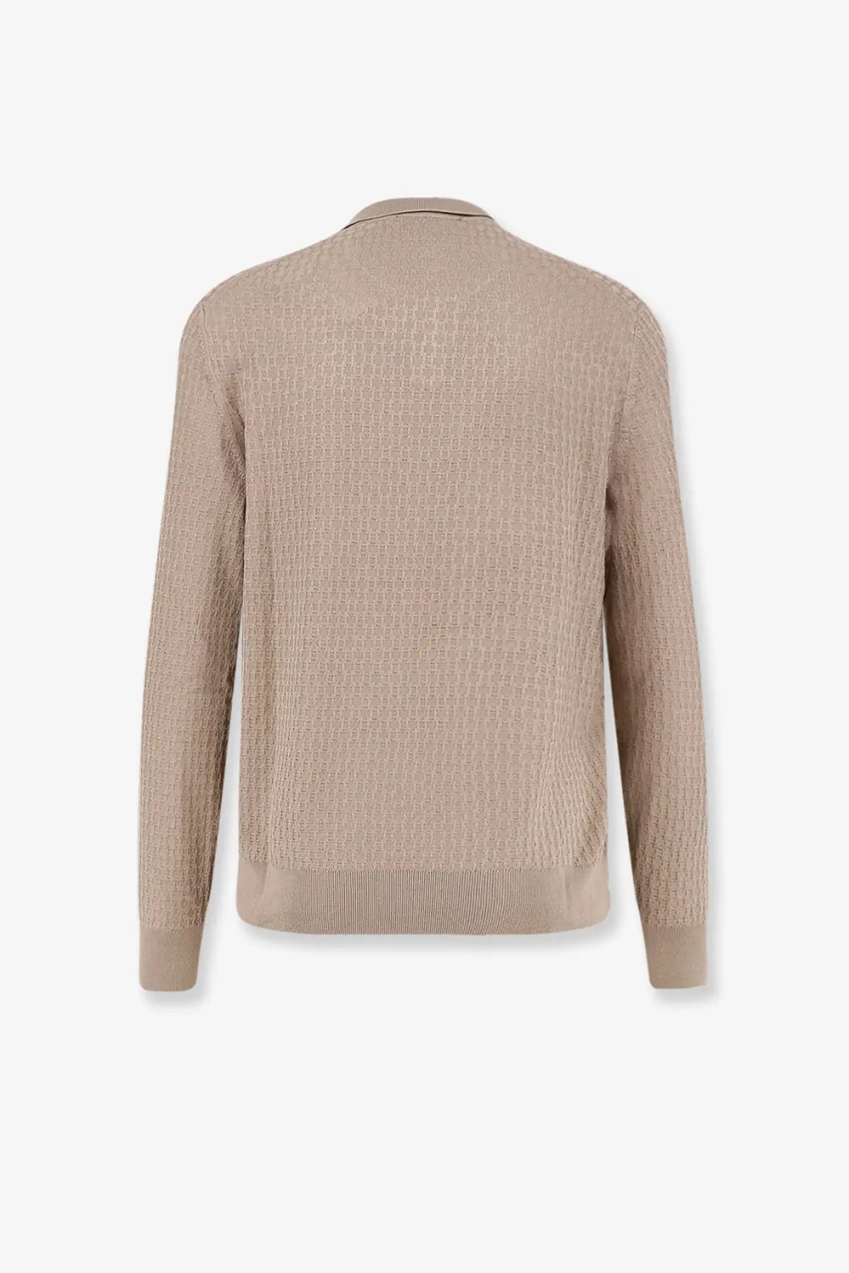 Boss men’s silk beige sweater with textured knit and subtle geometric pattern with ribbed cuffs