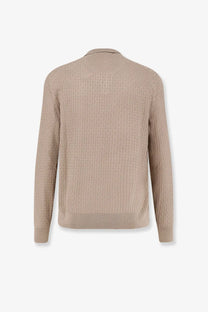 Boss men’s silk beige sweater with textured knit and subtle geometric pattern with ribbed cuffs