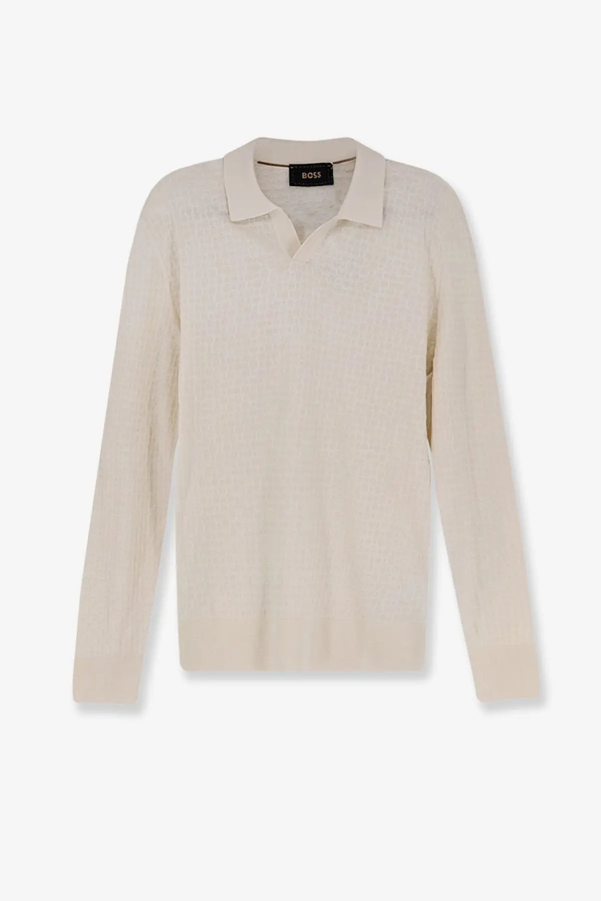 Beige BOSS men’s knit polo shirt with a subtle textured pattern and classic collar in silk blend fabric