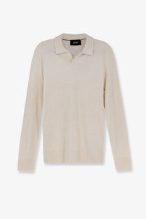 Beige BOSS men’s knit polo shirt with a subtle textured pattern and classic collar in silk blend fabric
