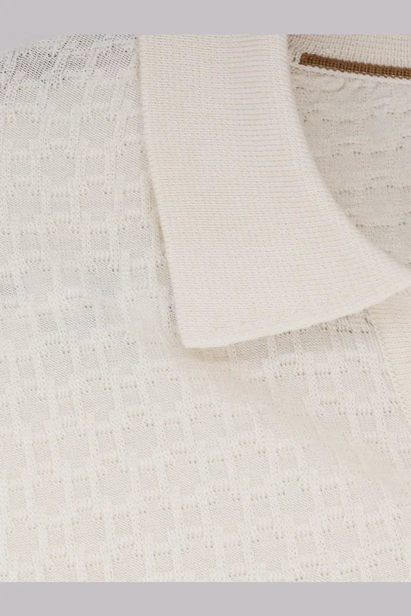 BOSS men’s white silk sweater cream-colored knit polo shirt with textured openwork pattern and ribbed collar