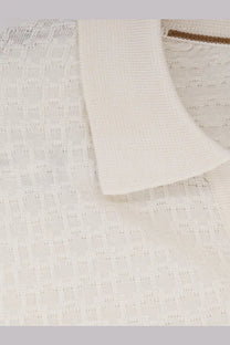 BOSS men’s white silk sweater cream-colored knit polo shirt with textured openwork pattern and ribbed collar