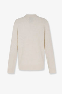 BOSS men’s silk cream-colored long-sleeved knit sweater with subtle textured pattern and classic collar