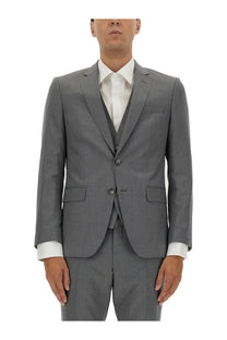 Gray textured wool slim fit suit with matching vest and trousers by boss for men