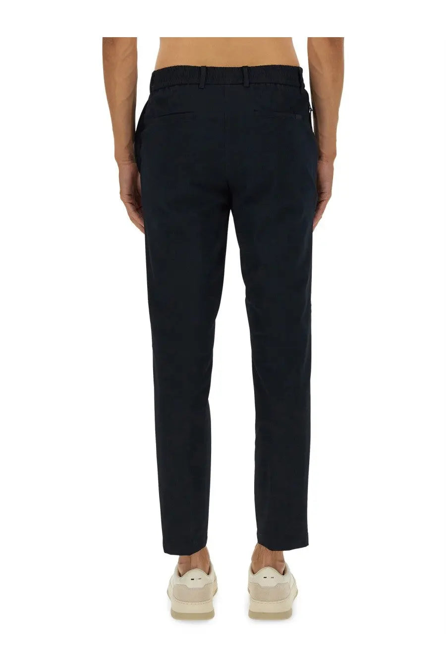 Black tailored trousers with sleek straight-leg cut and subtle stitching details for boss men’s slim fit pants blue