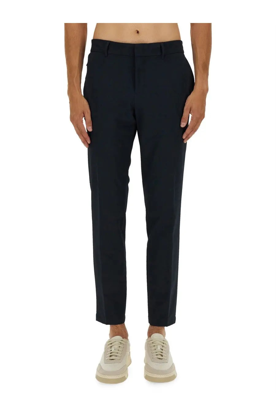 BOSS men’s slim fit dark navy wool blend tailored trousers with a clean straight leg cut
