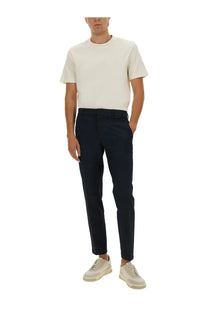 Navy blue tailored BOSS men’s slim fit pants with a modern cut and subtle creasing at the waistband