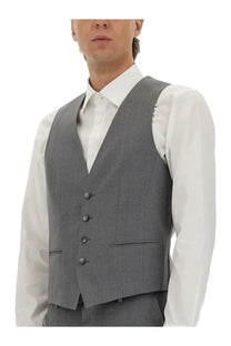 Boss men’s slim fit grey wool vest with gray texture five dark buttons and flap pockets