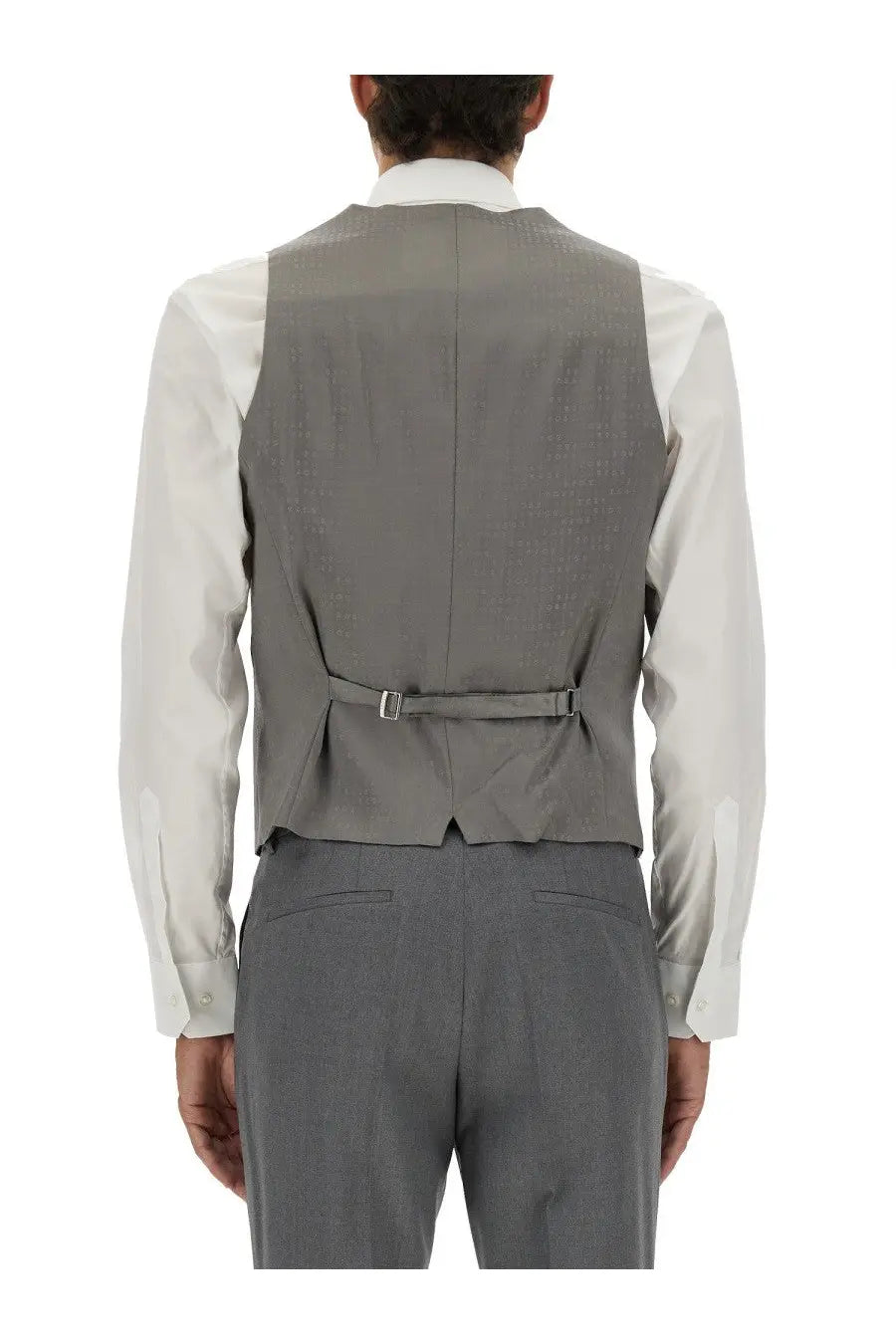 Boss men’s slim fit vest grey textured wool with subtle pattern and matching belt buckle