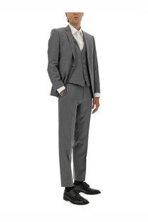 BOSS men’s slim fit vest grey shown with tailored gray three-piece suit featuring structured blazer and slim-fit trousers