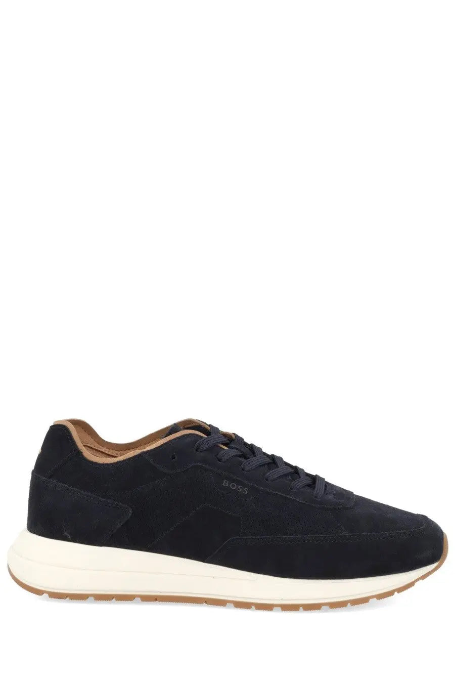 Boss men’s sneaker Vinston Blue black suede with white rubber sole and tan accents for casual wear