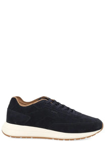 Boss men’s sneaker Vinston Blue black suede with white rubber sole and tan accents for casual wear