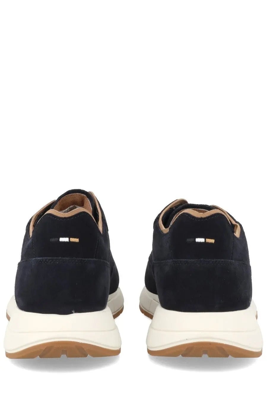Black suede boss men’s sneaker vinston blue with white and tan rubber sole and subtle logo detail on the heel back view