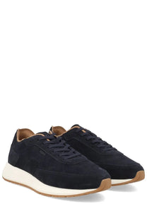 BOSS men’s sneaker Vinston blue dark navy suede with white midsole tan rubber outsole and boss logo on the side