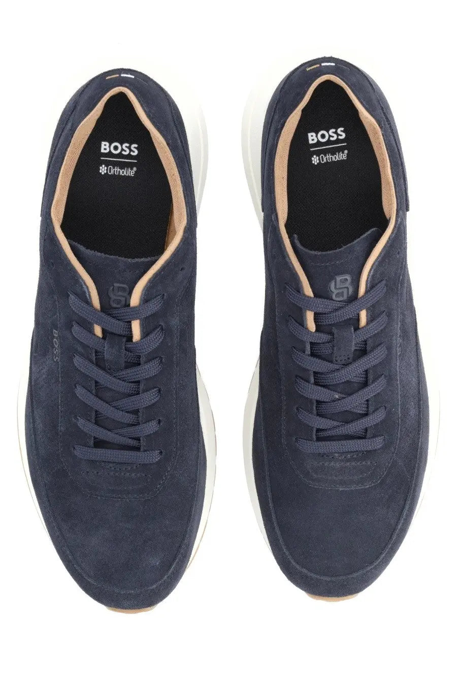 Boss men’s sneaker vinston blue dark blue suede sneakers with white soles and tan interior lining