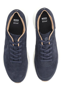Boss men’s sneaker vinston blue dark blue suede sneakers with white soles and tan interior lining