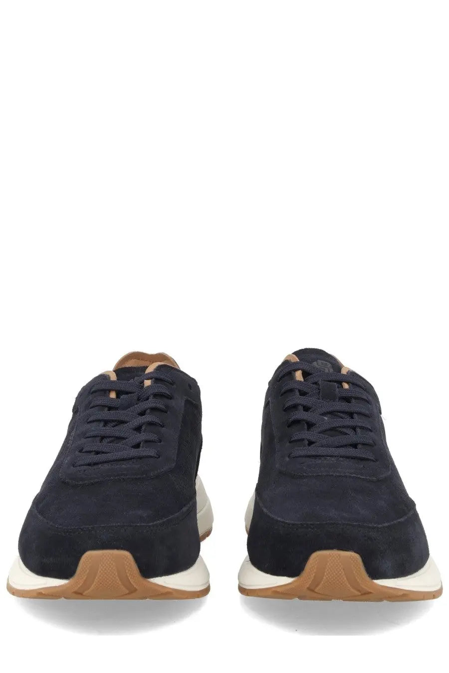 Navy blue suede BOSS men’s sneaker Vinston blue with white and tan rubber soles in a casual style