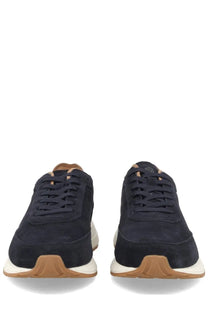 Navy blue suede BOSS men’s sneaker Vinston blue with white and tan rubber soles in a casual style