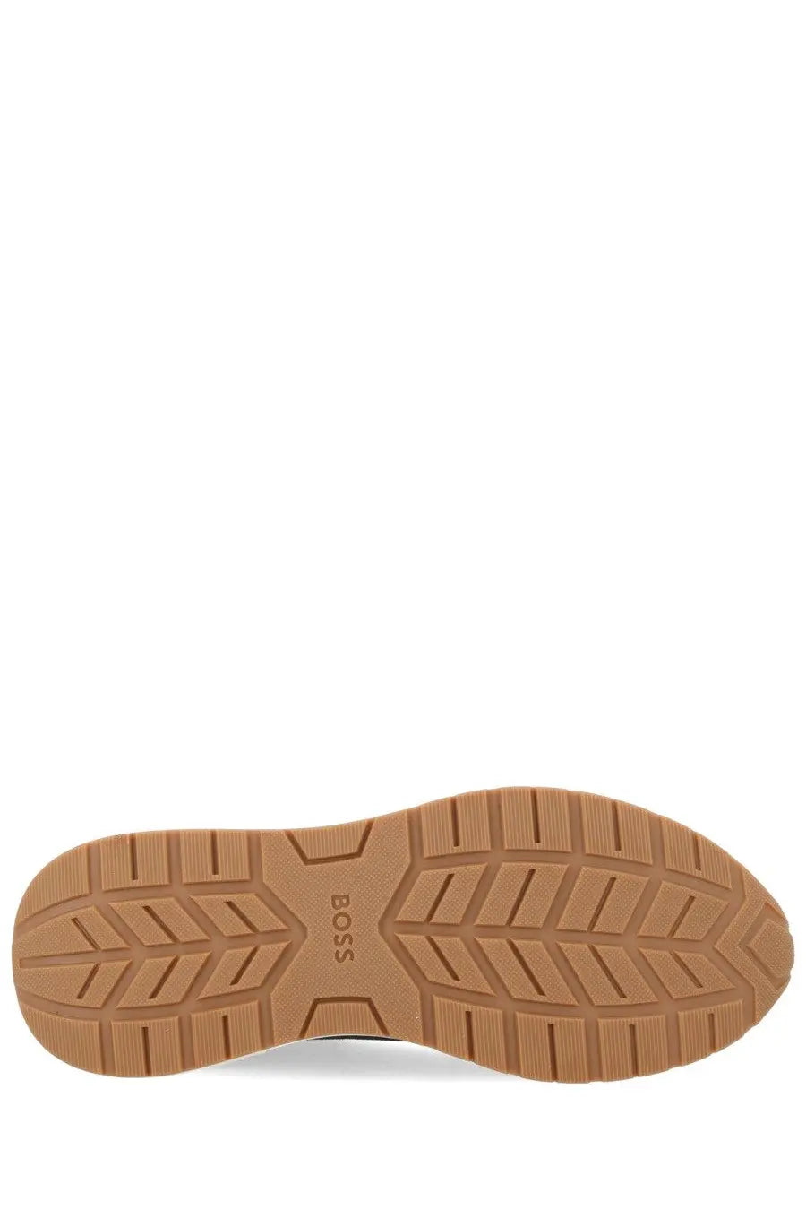 Tan rubber sole with geometric tread and boss logo embossed on the center of boss men’s sneaker vinston blue