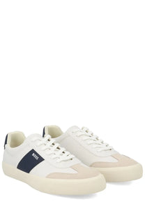 BOSS men’s white and beige sneaker with navy blue stripe on the side featuring a leather and textile upper