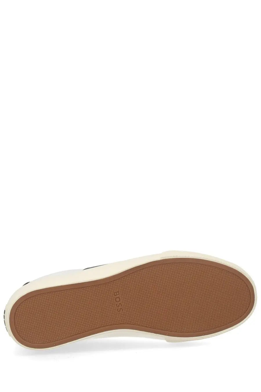 BOSS men’s white canvas sneaker with brown rubber sole and roxy brand name embossed on the side