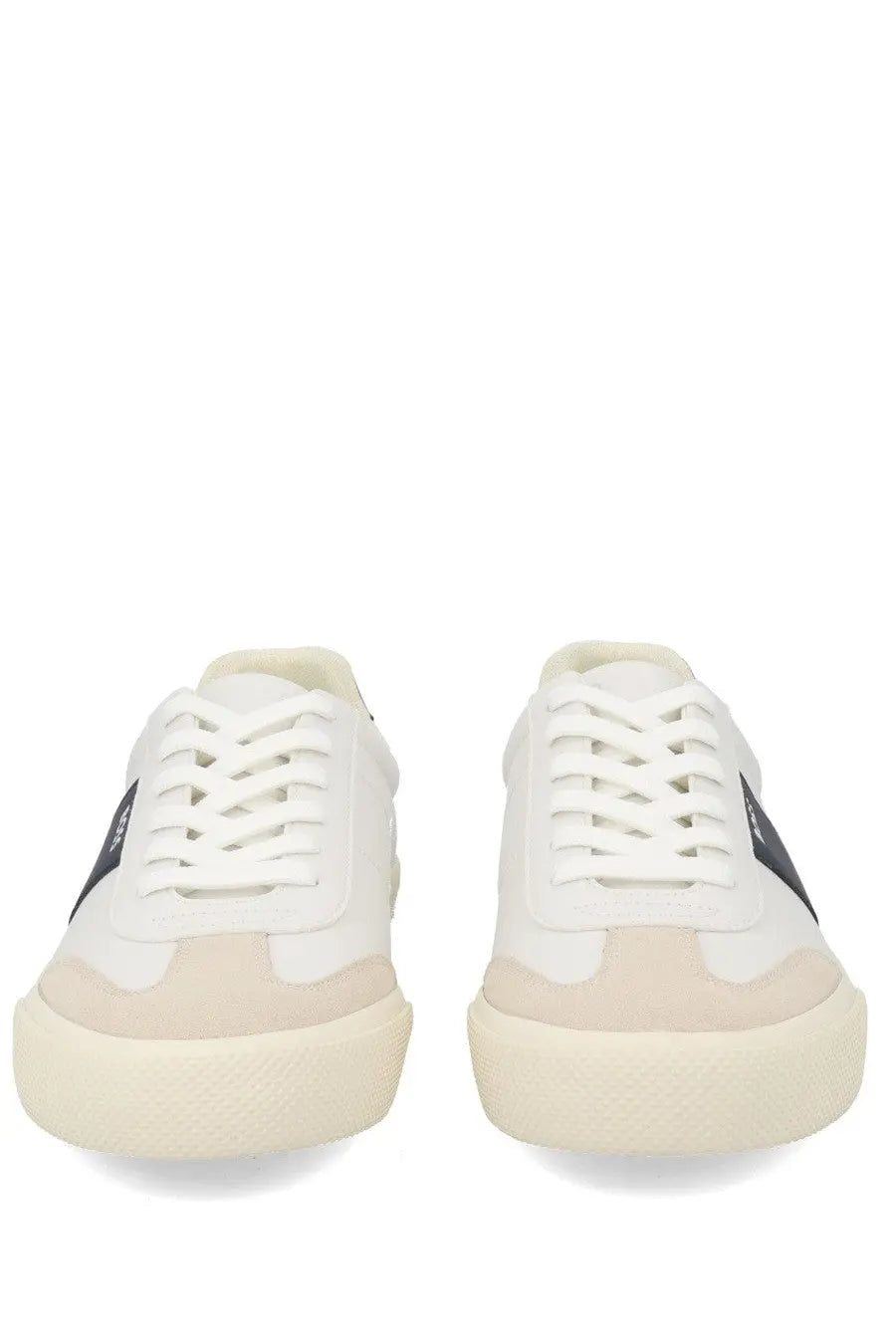 BOSS men’s white low-top sneakers with black side stripes and beige rubber soles for casual wear
