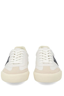 BOSS men’s white low-top sneakers with black side stripes and beige rubber soles for casual wear