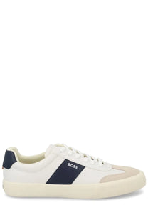 BOSS men’s sneaker white with white and navy blue minimalist design and premium leather material