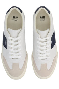 BOSS men’s sneaker white in white and navy blue with clean minimalist design and suede accents on toe cap and heel