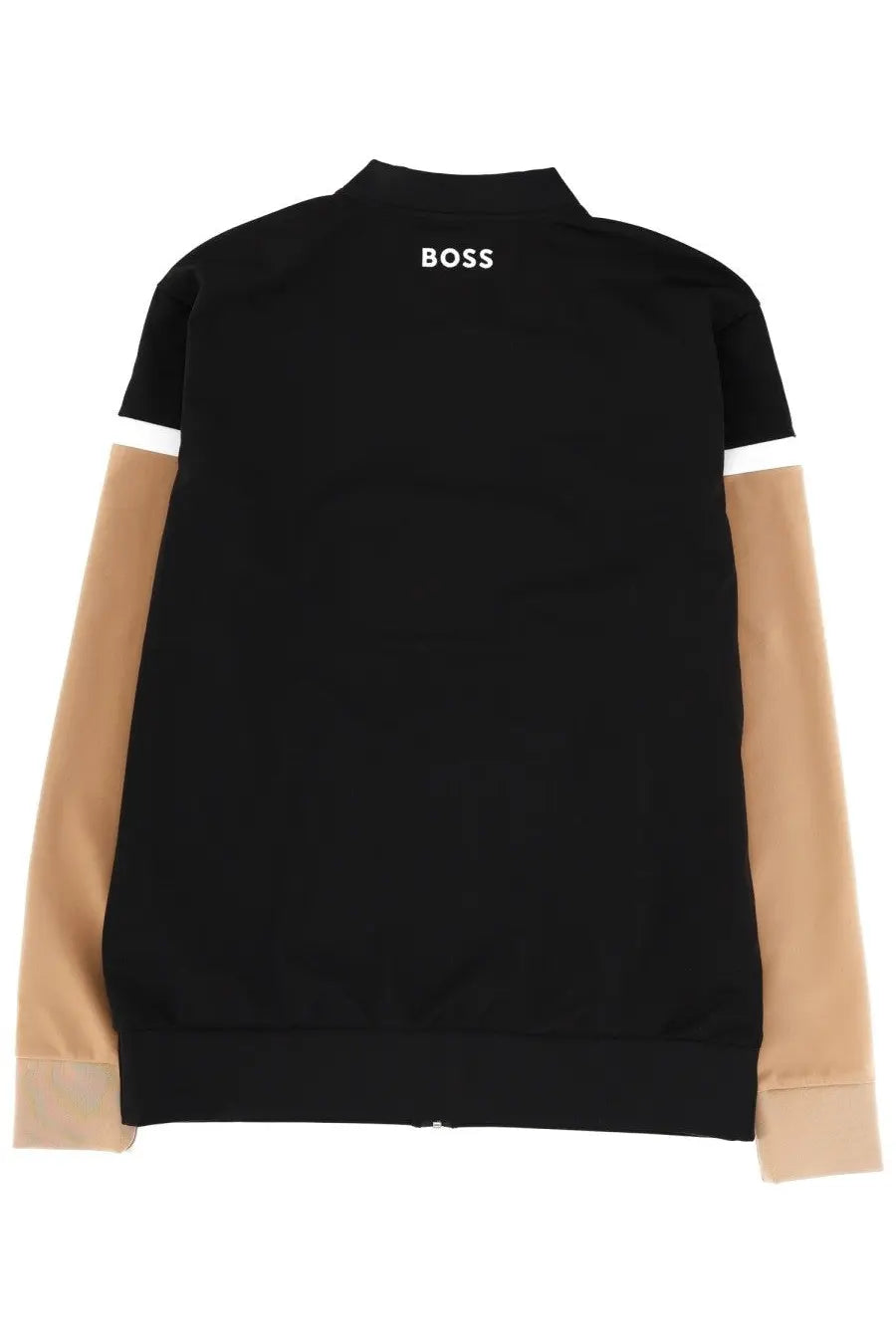 Back side of black and beige color-blocked boss men’s softshell sweatshirt with white boss logo on the back
