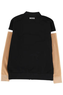 Back side of black and beige color-blocked boss men’s softshell sweatshirt with white boss logo on the back