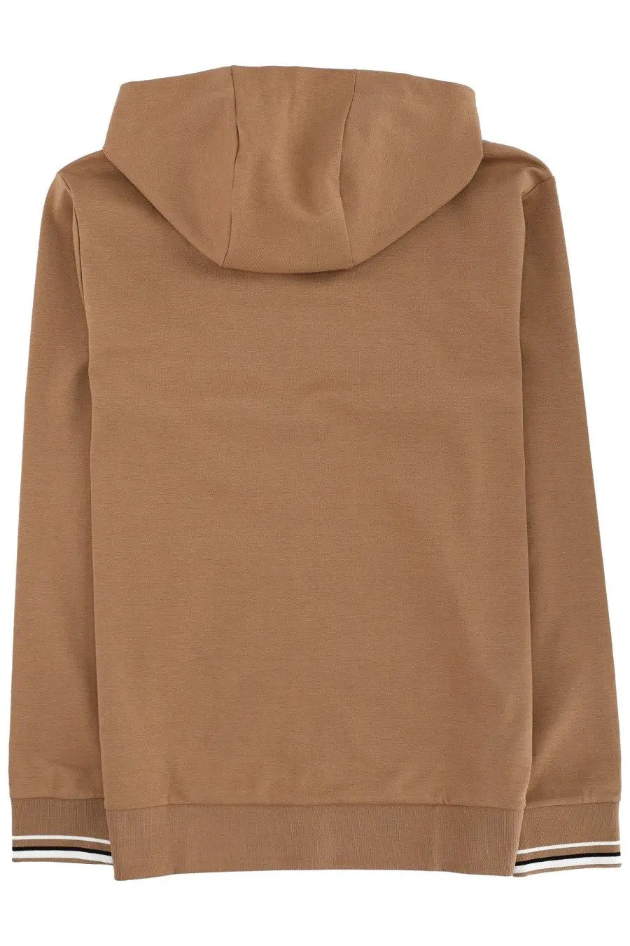 Boss men’s spencer sweatshirt beige tan hooded pullover with ribbed cuffs hem and thin white black edge stripes