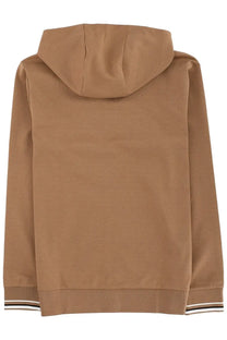 Boss men’s spencer sweatshirt beige tan hooded pullover with ribbed cuffs hem and thin white black edge stripes