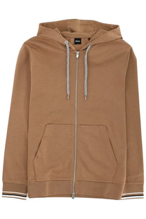 Tan boss men’s spencer sweatshirt beige zip-up hoodie with silver zipper drawstrings and ribbed cuffs hem with white stripes