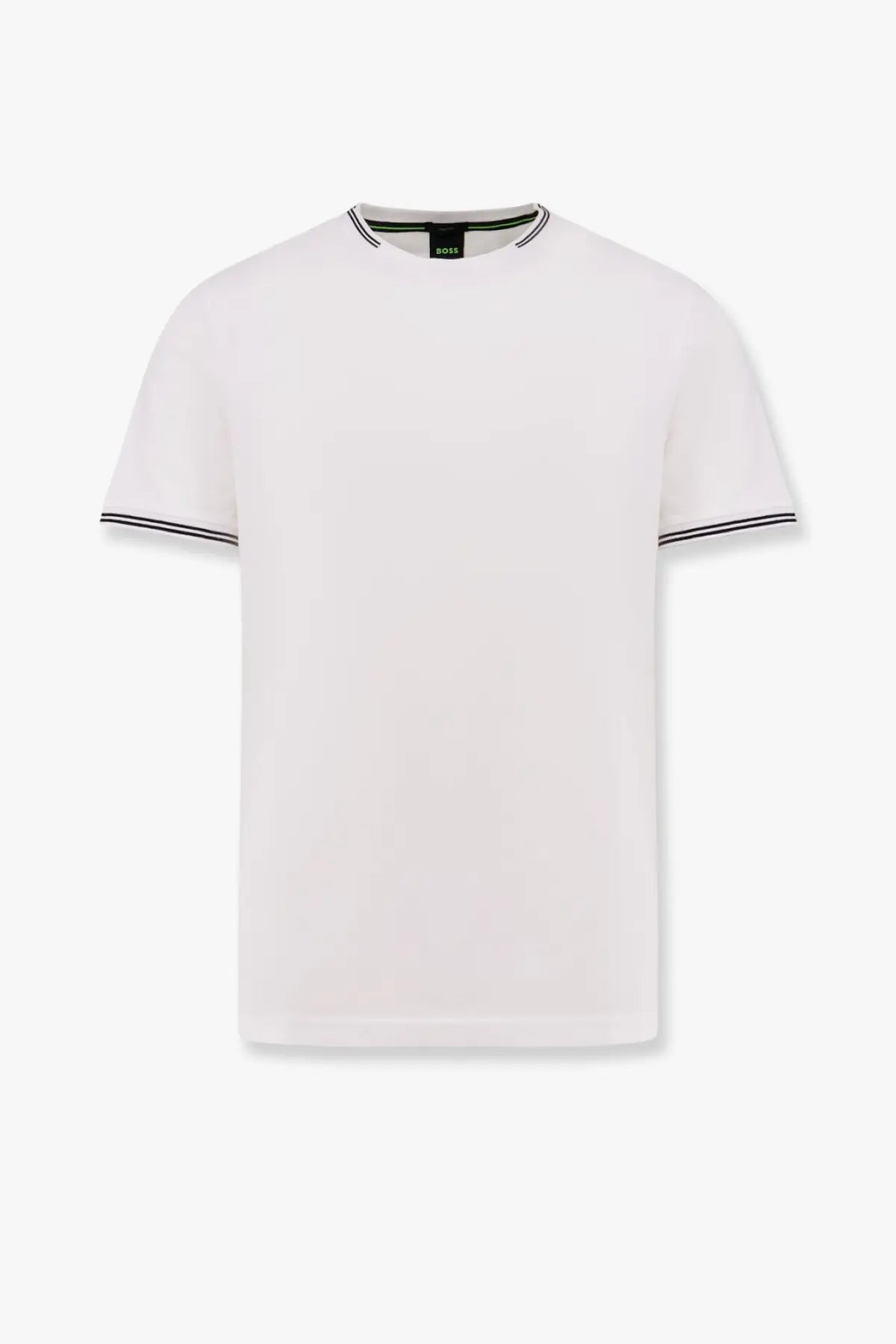Boss men’s stretch cotton white short-sleeved t-shirt with black trim on collar and sleeve cuffs minimalist design