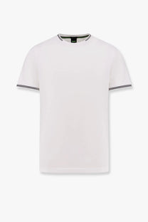 Boss men’s stretch cotton white short-sleeved t-shirt with black trim on collar and sleeve cuffs minimalist design