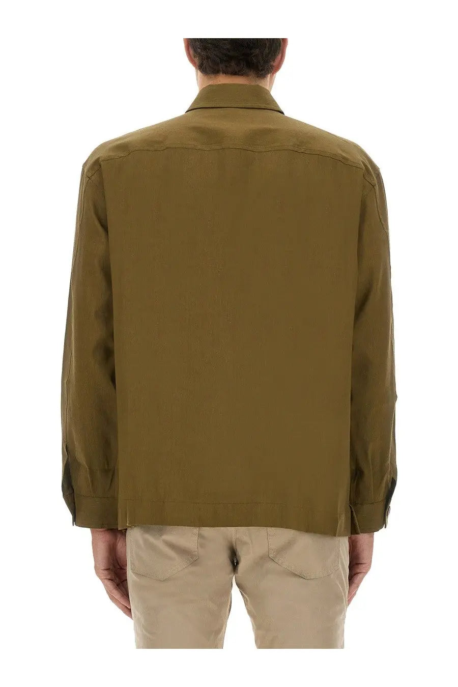 Boss men’s olive green casual jacket made from lightweight fabric shown from the back