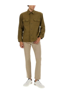 BOSS men’s olive green stretch linen and viscose button-up shirt with two chest pockets and classic collar