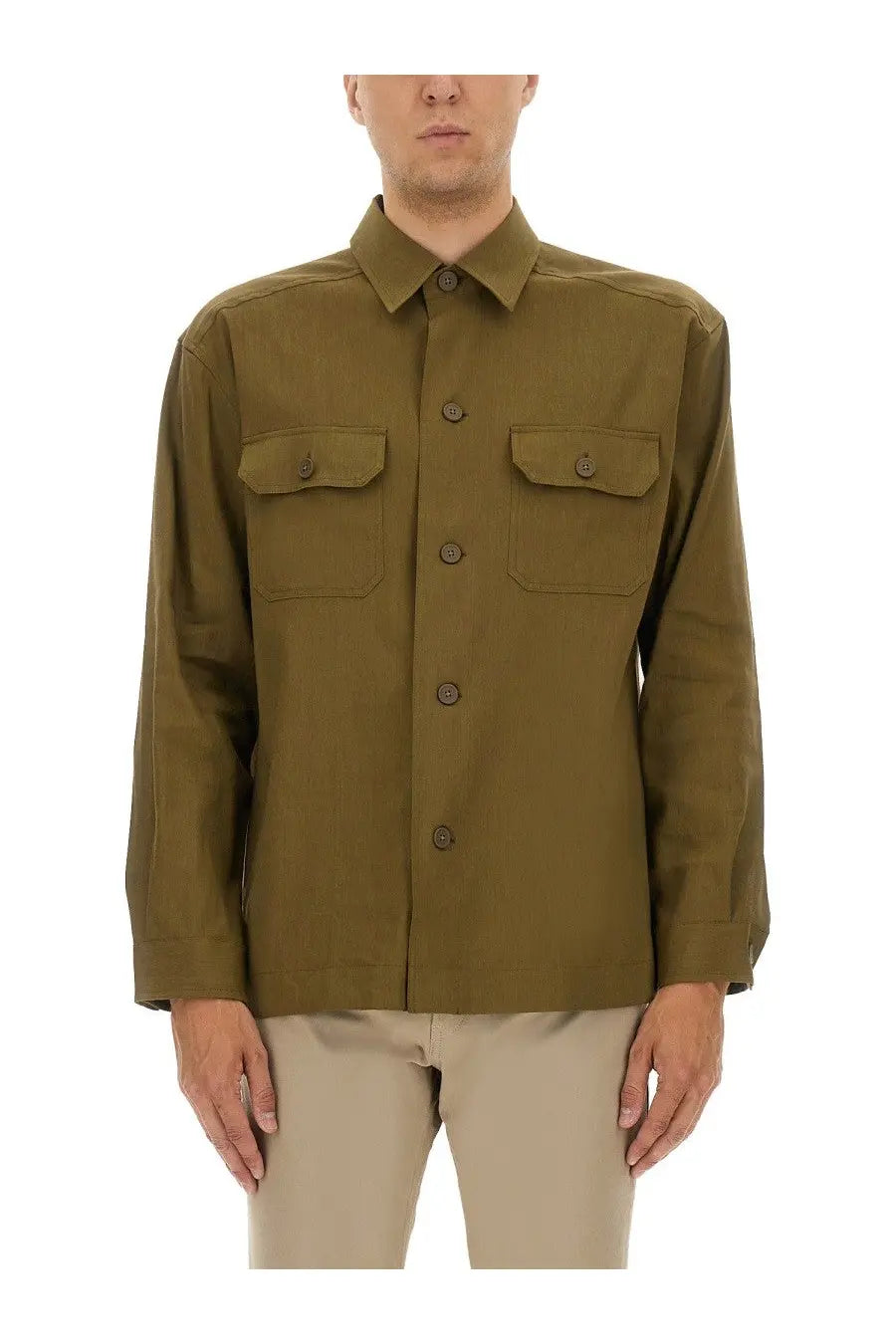Boss men’s olive green stretch linen and viscose button-up shirt with two chest pockets and matching buttons