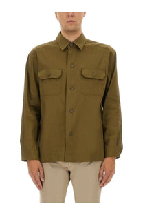 Boss men’s olive green stretch linen and viscose button-up shirt with two chest pockets and matching buttons
