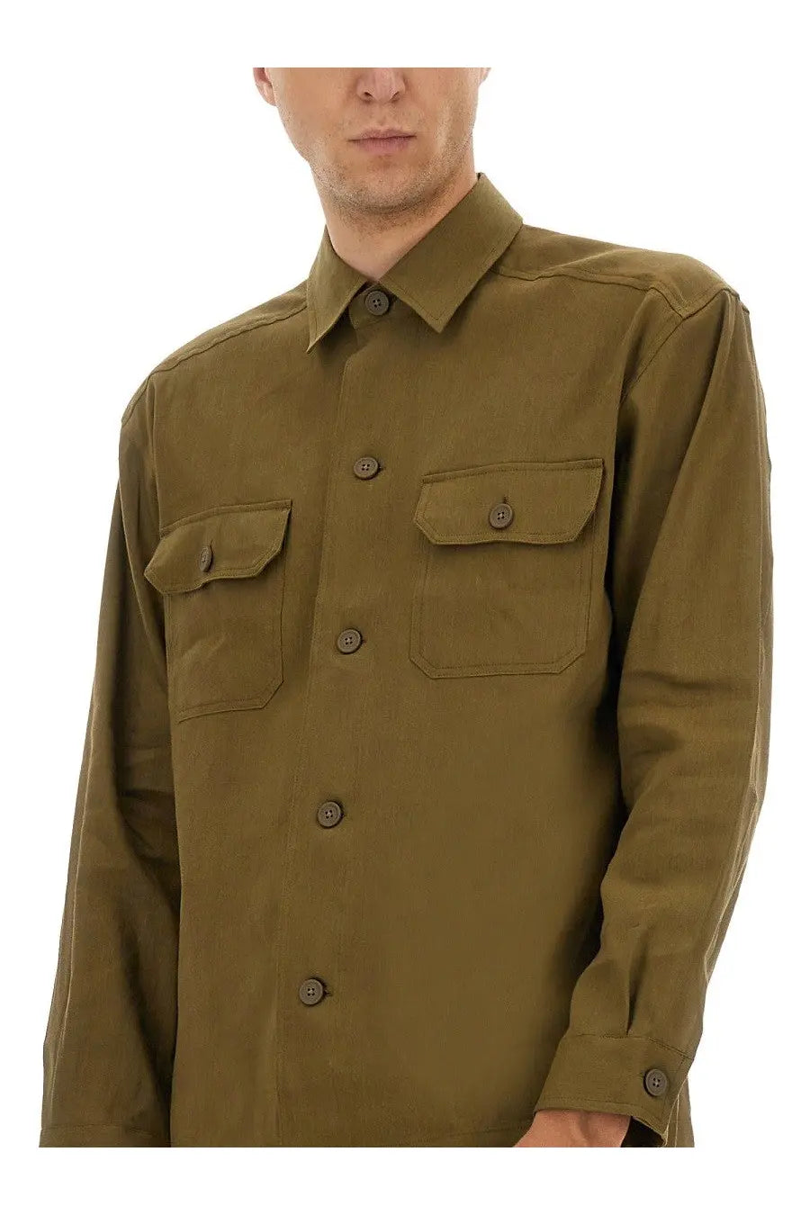 Boss men’s olive green long-sleeved stretch linen and viscose shirt with two chest pockets and matching buttons