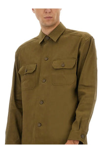 Boss men’s olive green long-sleeved stretch linen and viscose shirt with two chest pockets and matching buttons