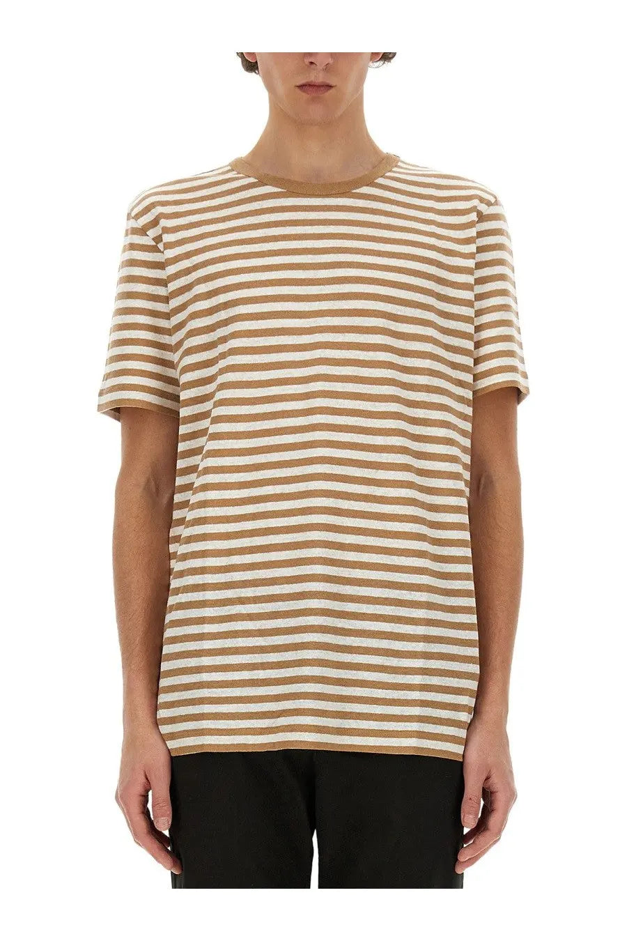 Boss men’s striped shirt beige featuring a beige and white horizontally striped cotton short-sleeved t-shirt with crew neck
