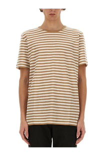 Boss men’s striped shirt beige featuring a beige and white horizontally striped cotton short-sleeved t-shirt with crew neck
