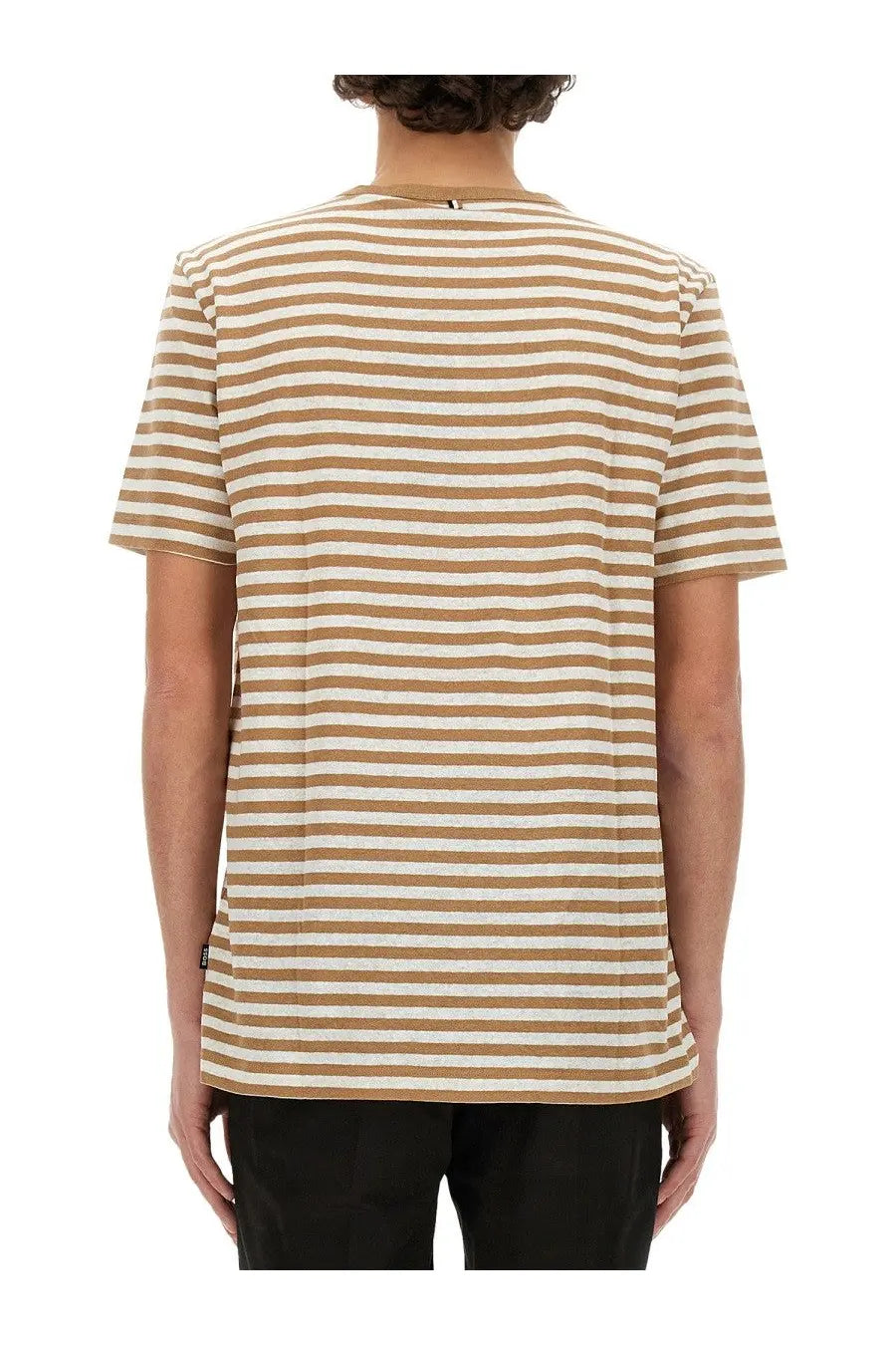 BOSS men’s striped shirt beige short-sleeved cotton t-shirt with beige and white horizontal stripes and crew neck