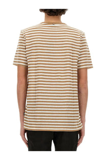 BOSS men’s striped shirt beige short-sleeved cotton t-shirt with beige and white horizontal stripes and crew neck