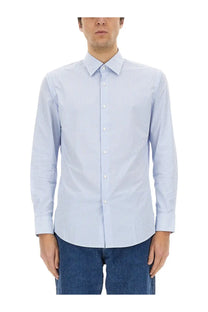 Boss men’s striped shirt blue with light blue and white vertical stripes long sleeve classic collar button front