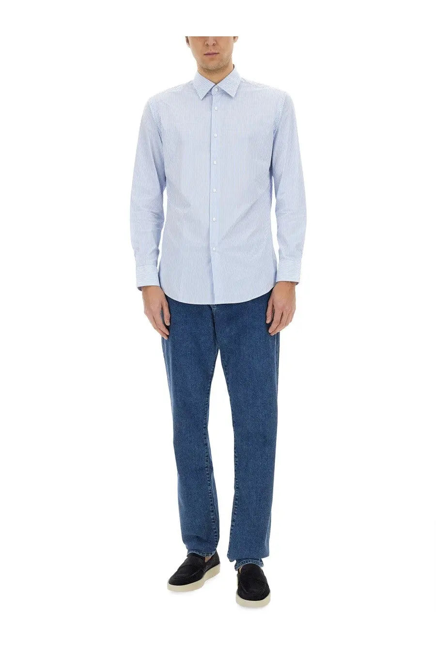 BOSS men’s light blue and white striped long-sleeved cotton button-down shirt with classic collar