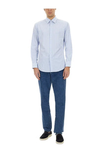 BOSS men’s light blue and white striped long-sleeved cotton button-down shirt with classic collar